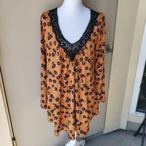 Savannah Rae Top Womens Large Orange Black Green Tunic‎ Dress Hippie Boho Chic